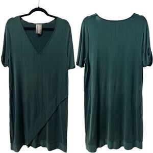 Dolan Anthropologie Women's Green Cupro Short Sleeve V-Neck Swing Dress Size L